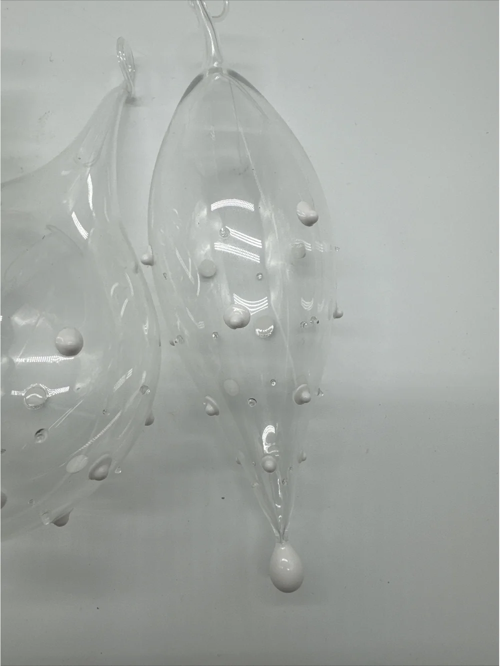 4 vintage Hand Blown, teardrop,  Christmas ornaments,Clear glass With White Dots